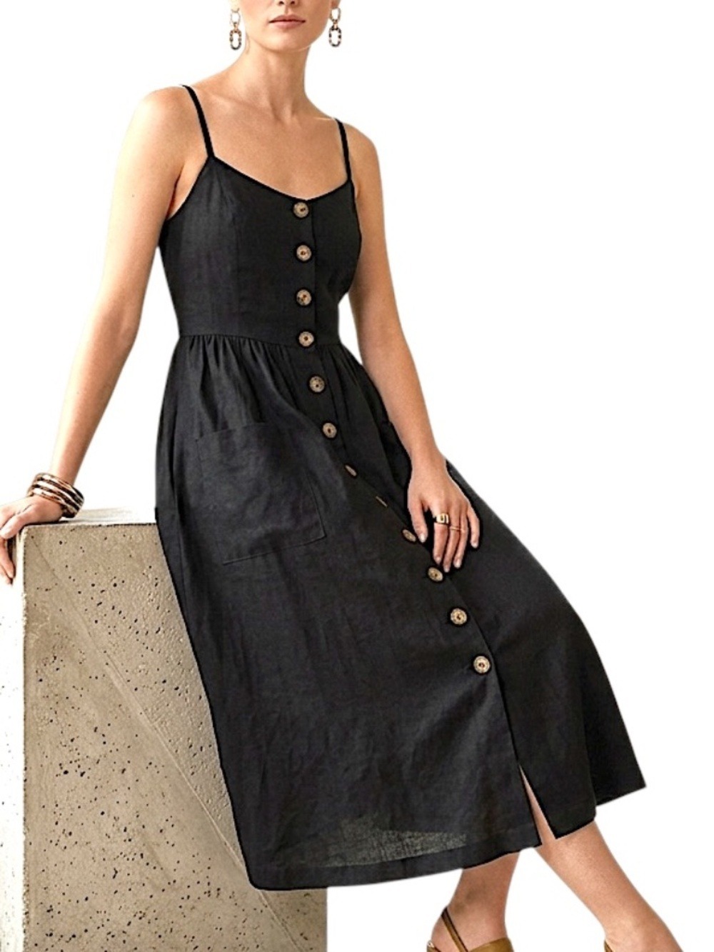 Minimalist old money black linen blend button front summer midi dress S